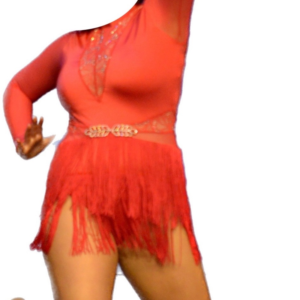 Red Jazz Costume with attached fringe skirt